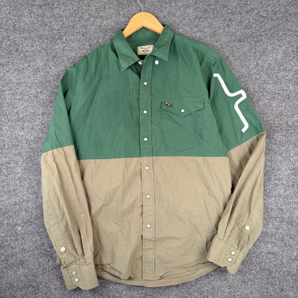 Kimes Ranch Shirt Mens M Green Brown Colorblock Pearl Snap Western Long Sleeve